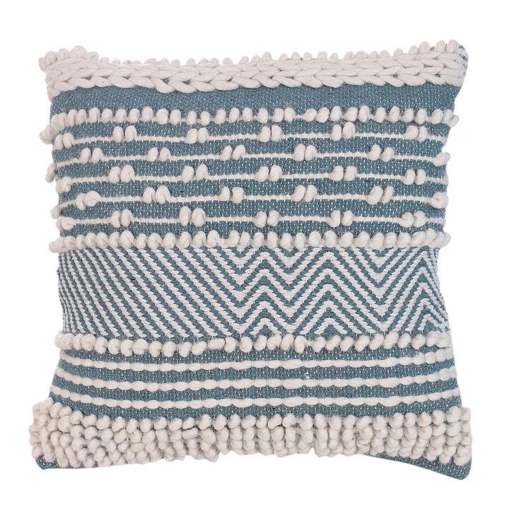 18 x 18 Handcrafted Cotton Accent Throw Pillow, Wavy Woven Pattern, Soft Textured Beads, Blue, White- Benzara