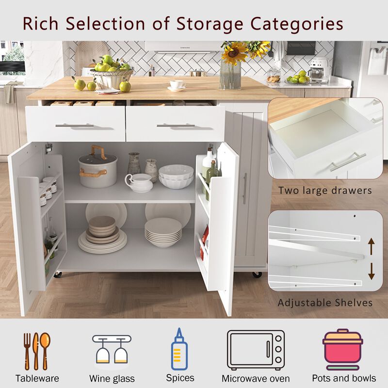 Whisen Kitchen Island with 3 Tier Pull Out Cabinet and 2 Drawers - White