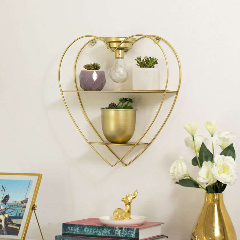 Vintiquewise Heart-Shaped 2-Tier Floating Metal Wall Shelf with Overhead Light Bulb &ndash; Decorative Wall-Mounted Shelf for Bedroom, Living Room, Hallway, Bathroom, or Entryway Decor, Gold Finish