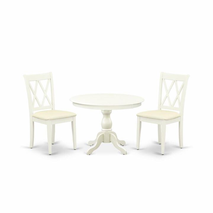 East West Furniture HBCL3-LWH-C 3 Piece Table Set - Linen White Small Dining Table and 2 Linen White Kitchen & Dining Room Chairs with Double X-Back - Linen White Finish