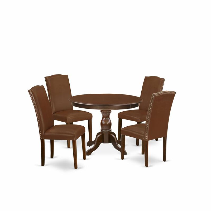 East West Furniture HBEN5-MAH-66 5 Piece Dining Table Set - Mahogany Round Dining Table and 4 Brown Faux Leather Parson Dining Chairs with High Back - Mahogany Finish
