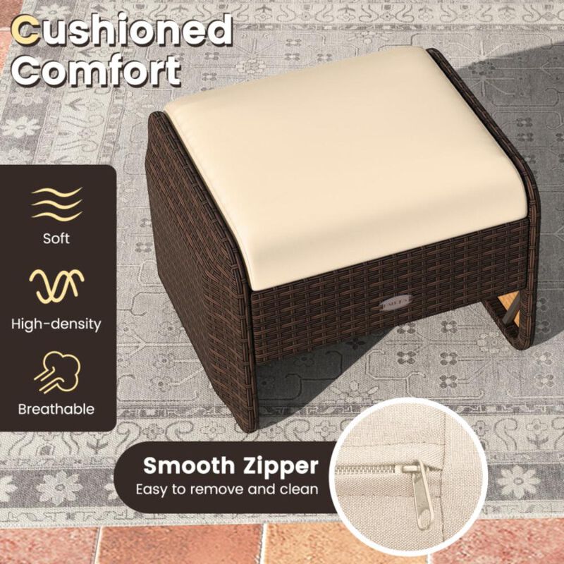 Hivvago 2 Pieces Outdoor Patio PE Wicker Ottomans with Removable Cushions