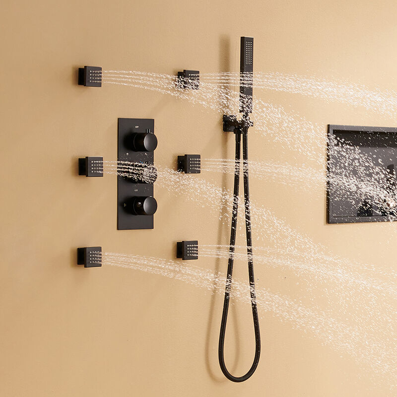Mondawe 3 Functions Wall Mounted Thermostatic Shower System with 6 Body Jets and Rough-in Valve in Matte Black