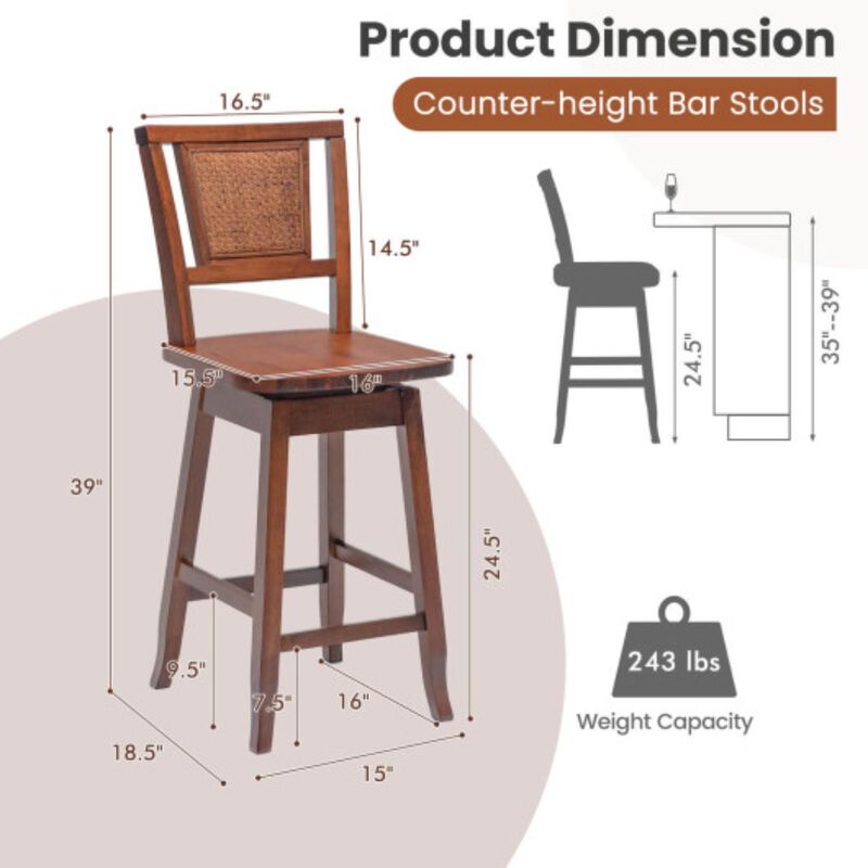 24.5 Inch Counter Height Bar Stool with Rattan Back and 360° Swivel Seat