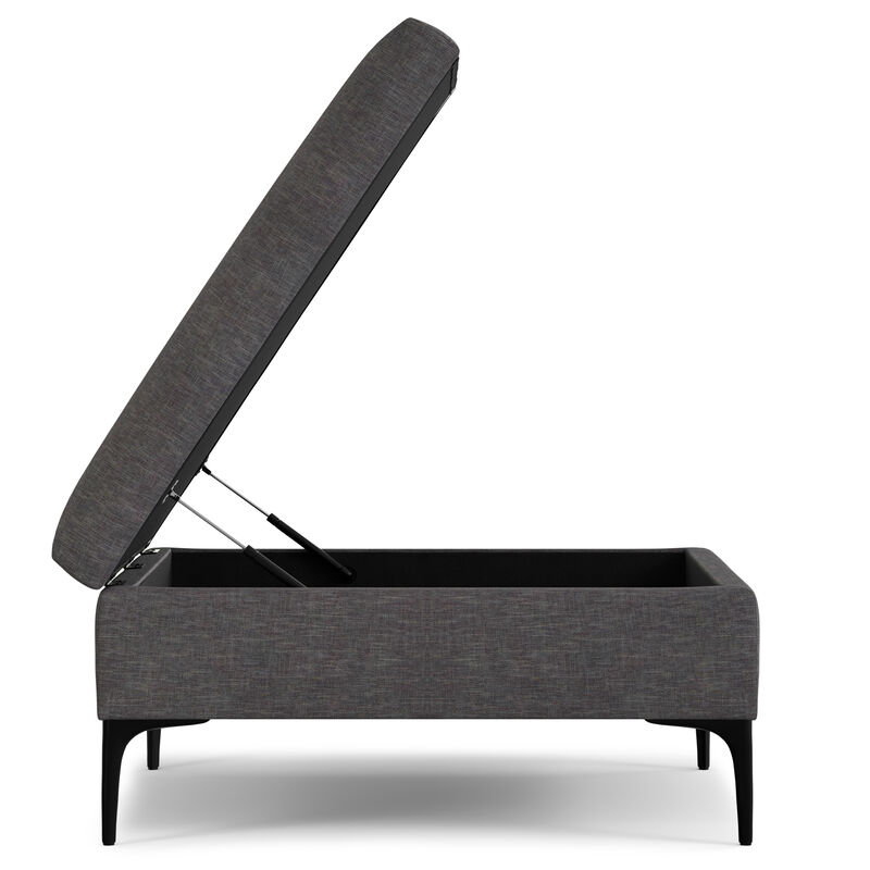 Rebecca 36 inch Wide Contemporary Square Mid Century Coffee Table Storage Ottoman with Lift Up Lid in Slate Grey Polyester Linen, Assembled
