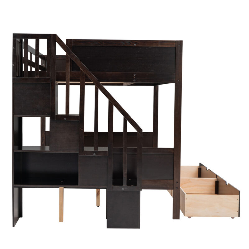 Twin over Full Bunk Bed with Shelfs, Storage Staircase and 2 Drawers, Espresso