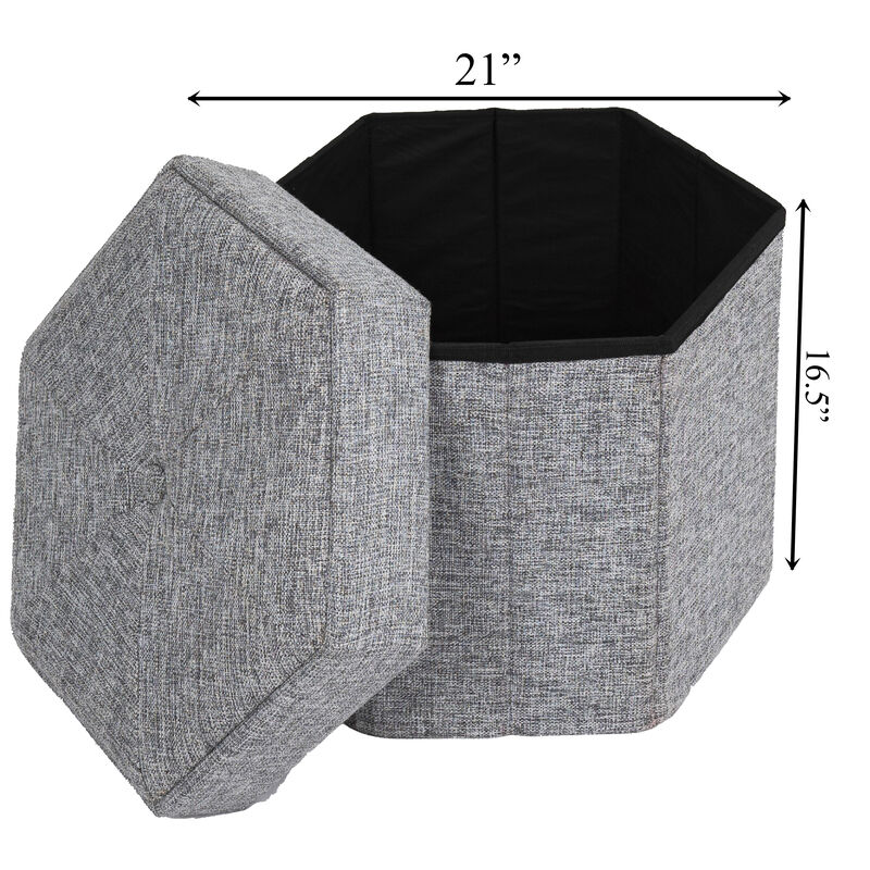 Medium Decorative Grey Foldable Hexagon Ottoman for Living Room, Bedroom, Dining, Playroom or Office