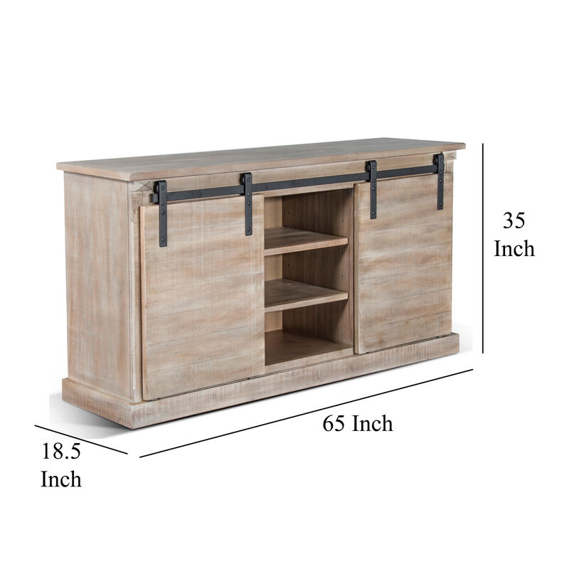 Zena TV Media Console, 3 Shelves, 2 Barn Doors, Taupe Wood, 65 Inch - Benzara