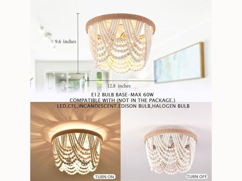 White Wood Beaded Flush Mount Ceiling Light – 3-Light Boho Mini Chandelier for Bedroom, Entryway & Nursery (12.6" W)