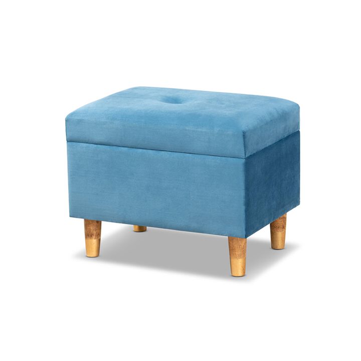 Baxton Studio Elias Modern and Contemporary Sky Blue Velvet Fabric Upholstered and Oak Brown Finished Wood Storage Ottoman