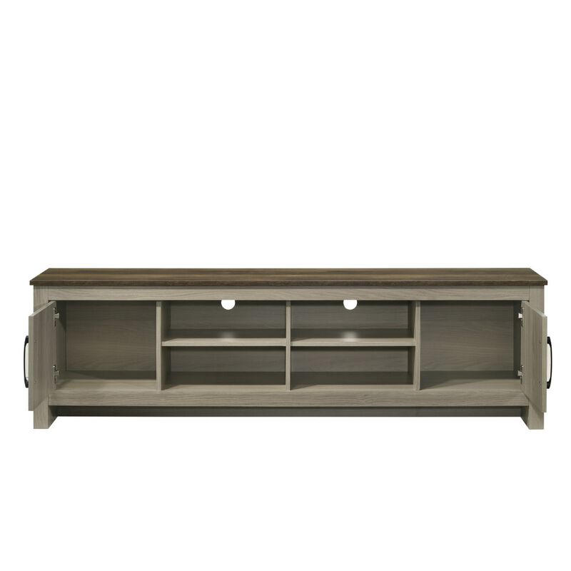 Nena TV Stand Cabinet, 2 Cabinet Doors, Brown Wood Top, Oak Gray - Benzara