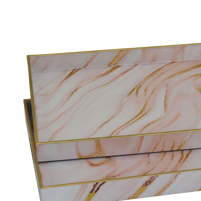 Hamza Rectangular Tray, Set of 2, Pink-Gold Marble Finish Polyurethane image number 4