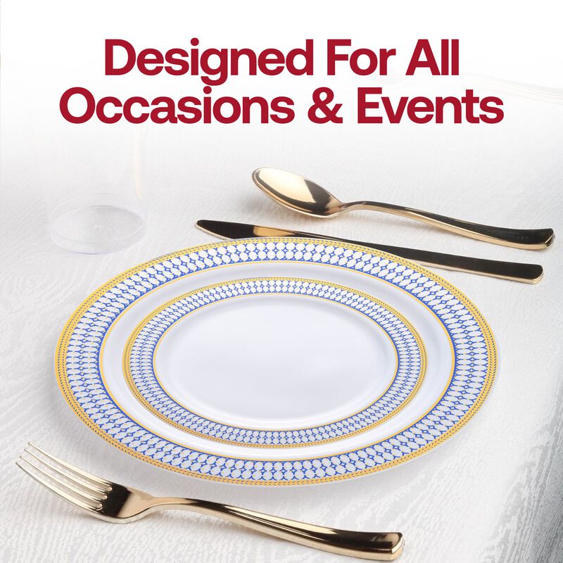 7.5" White with Blue and Gold Chord Rim Plastic Salad Plates (120 Plates) image number 6