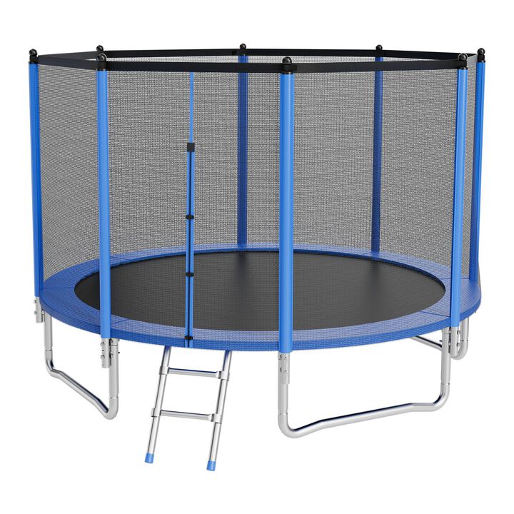 Heavy Duty Outdoor Trampoline with Enclosure Net, Round Backyard Trampoline for Kids & Adults-Blue