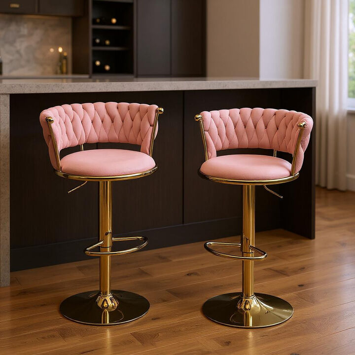 HomeRoots Set of Two Pink and Gold Velvet and Metal Low Back Adjustable Height Swivel Bar Chairs