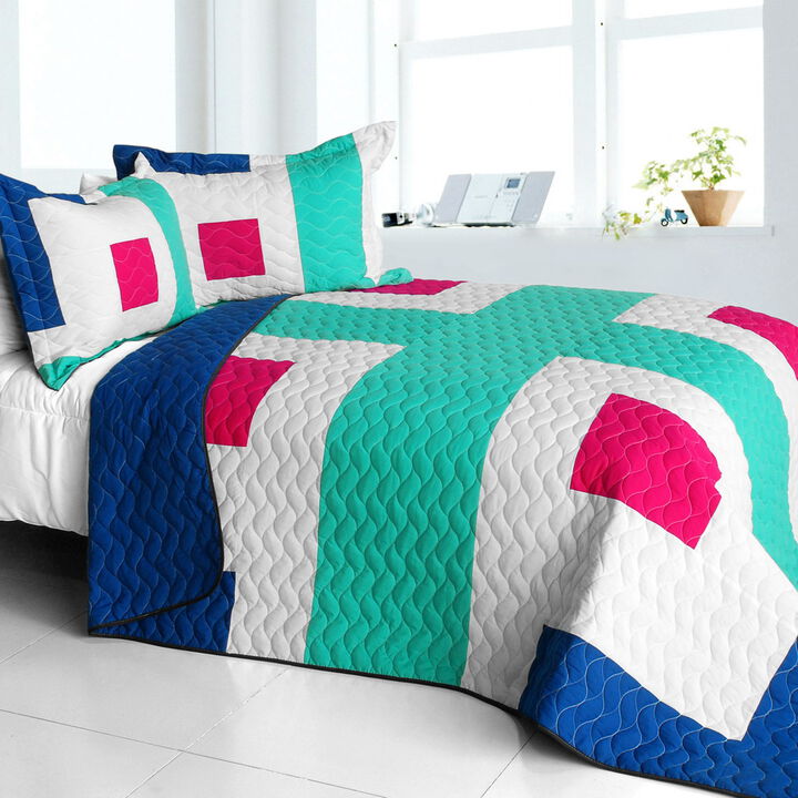 Queen 3 Piece Vermicelli Quilted Geometric Quilt Set for Bedroom Bedding-Green