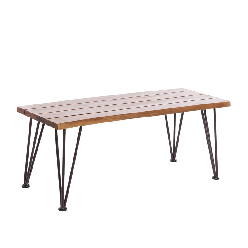 Zoe Outdoor Coffee Table, Hairpin Legs, 43in Brown Slatted Acacia Wood - Benzara