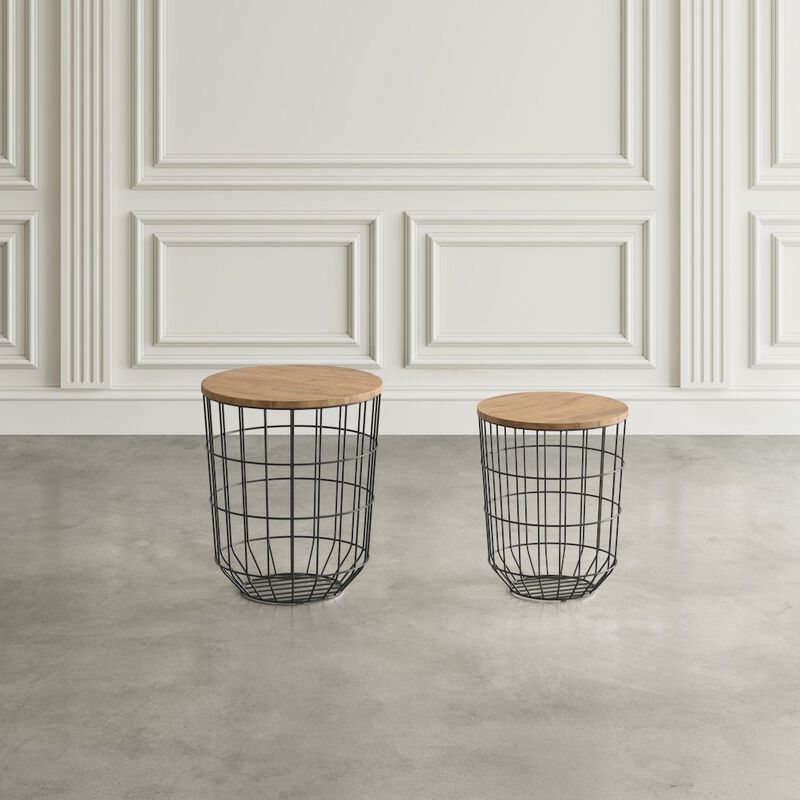 Jofran Global Archive Nested Storage Solid Wood and Metal Basket End Tables (Set of 2)