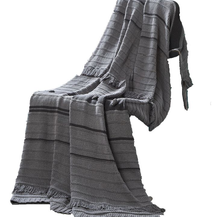 Kai 50 x 70 Throw Blanket with Fringes, Soft Knitted Cotton, Gray - Benzara