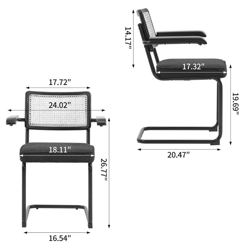 Glamour Home Set of 2 Black Boucle Fabric Dining Chair Rattan Backrest and Black Iron Legs