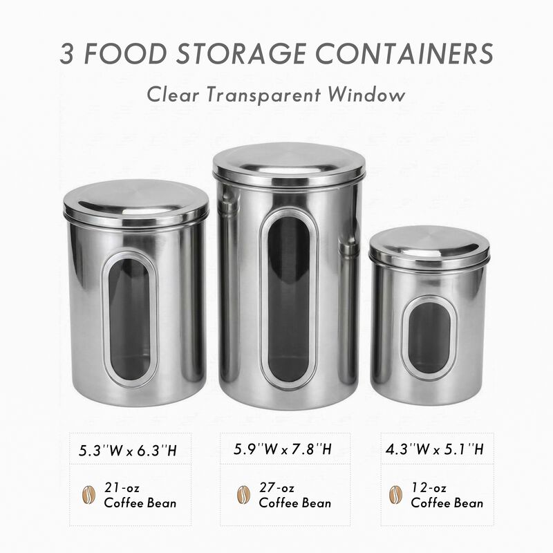 3-Piece Stainless Steel Sealed Canister Set for Kitchen Storage - See-Through Design for Easy Viewing (8oz, 12oz, 16oz, Silver) image number 3