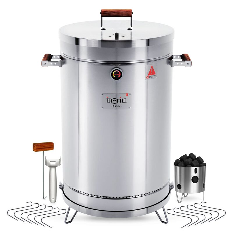 3-in-1 Stainless Steel Smoker Barrel Grill &ndash; Portable Charcoal BBQ with Thermometer, 40 lbs Outdoor Cooking Smoker for Camping, Backyard & Home BBQ INGRILL image number 0