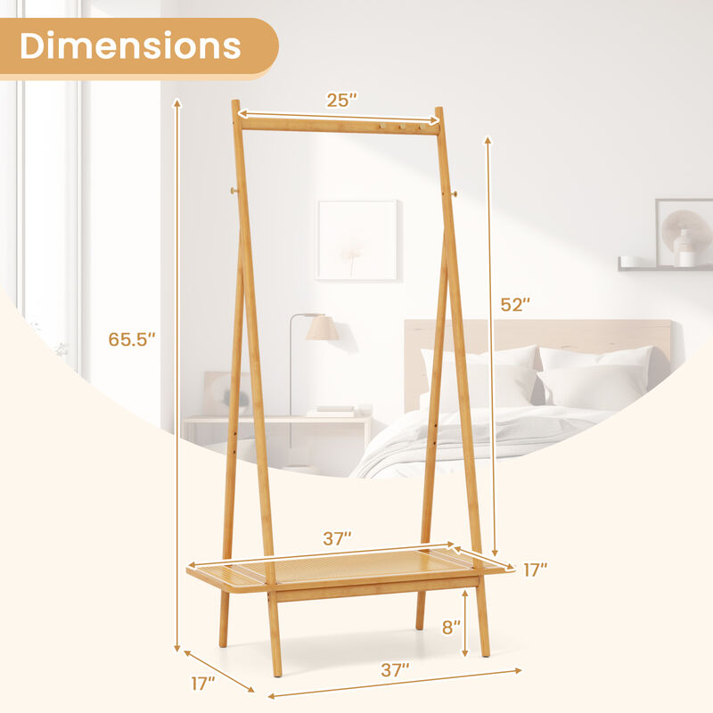 Wicker Storage Rack with Hanging Rod, Rattan Shelf, and Copper Hook Details