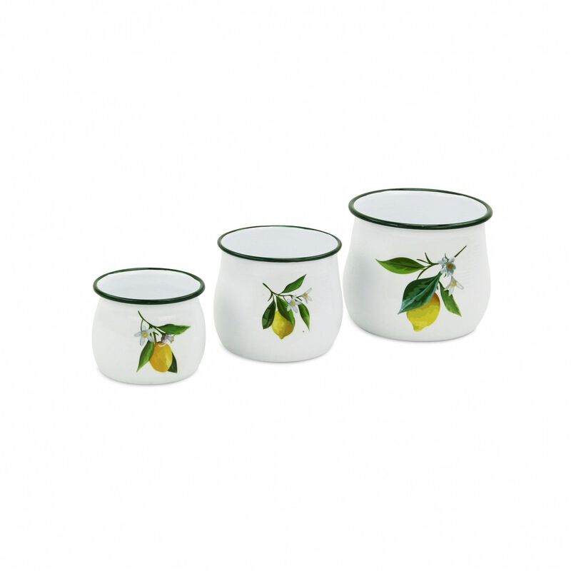 Homezia Set of 3 Lemon White Enamel Metal Canisters Vase