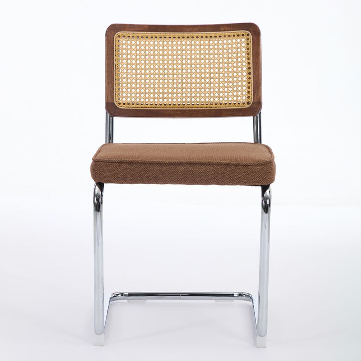 Whisen 2-Piece Mid Century Dining Chairs, Linen Upholstered with Cane Back & Chrome Base, Cantilever Design for Kitchen