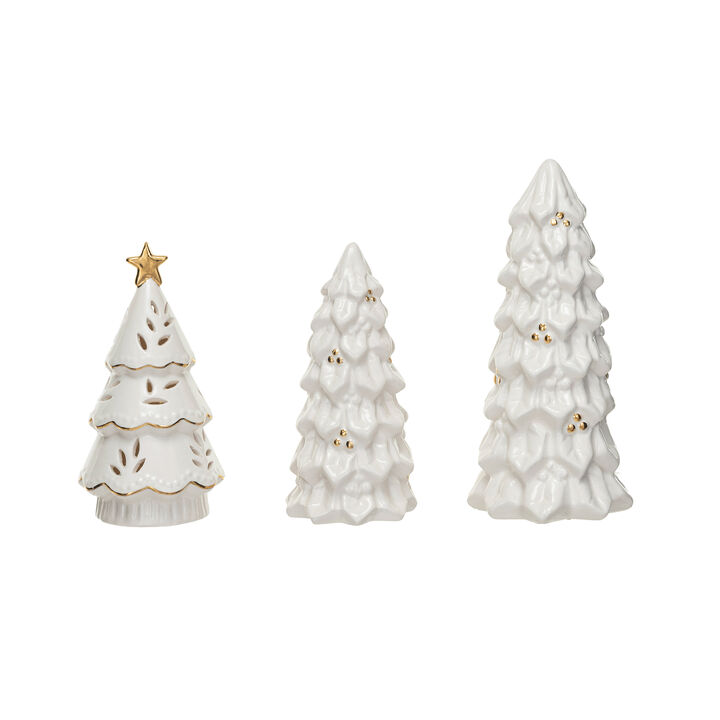 Stoneware Christmas Trees with Gold Electroplating and LED, Cream, Set of 3