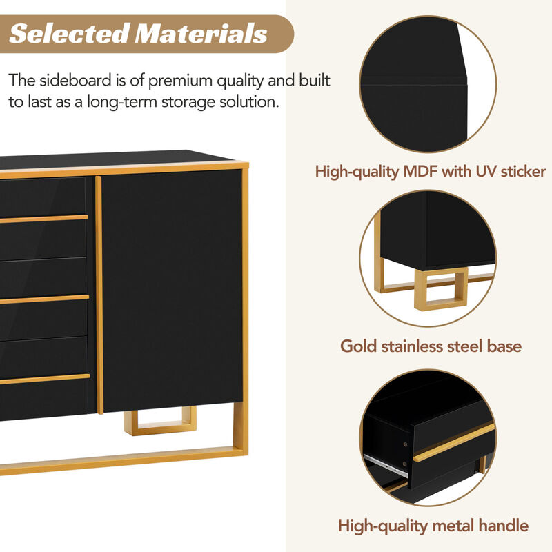 Modern Style 59"L Sideboard with Large Storage Space and Gold Metal Legs for Living Room and Entryway (Black)