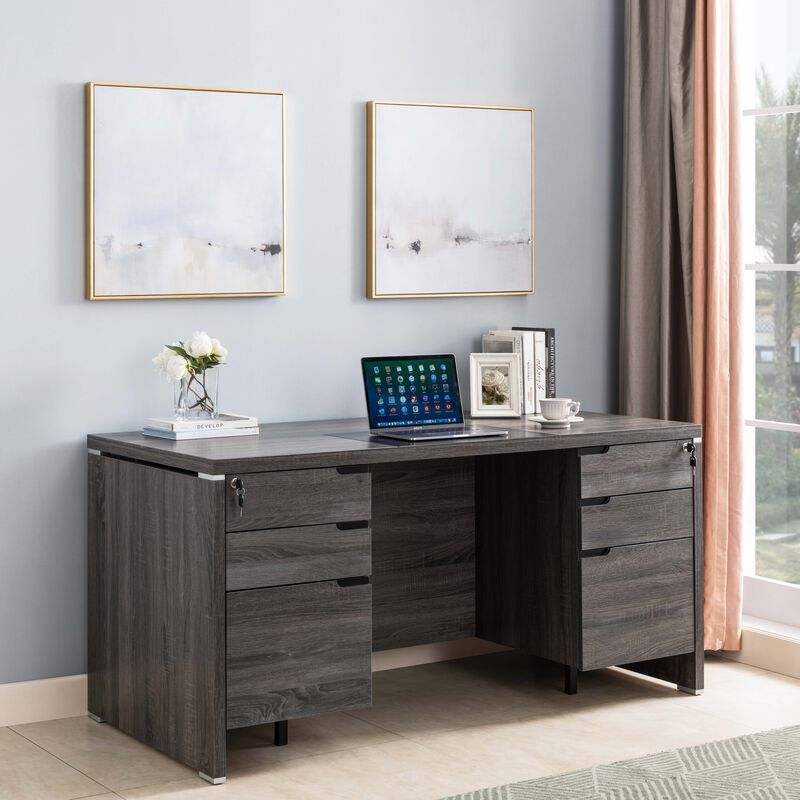 Distressed Grey Home Office Desk with 4 Lockabale Drawers and 2 Lockable File Cabinet Organizers