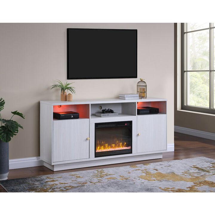 70"W White Walnut Finish Fireplace Console TV Stand with LED Light, Cabinets