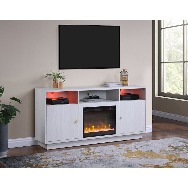 70"W White Walnut Finish Fireplace Console TV Stand with LED Light, Cabinets