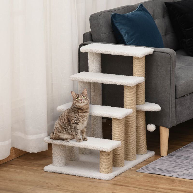 White Pet Climber: 4-Level Carpeted Cat Stairs with Scratching Posts image number 1