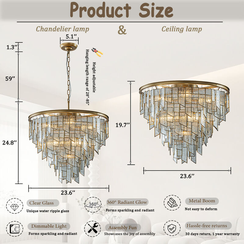 Modern Painted Brass Luxury Water Ripple Glass Chandelier for Living Room image number 6