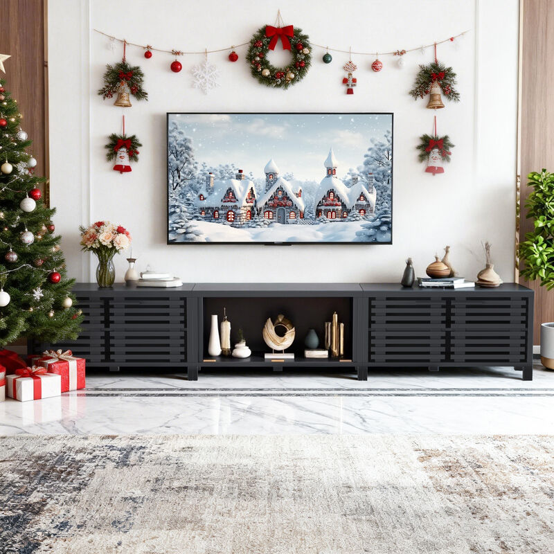 114" Modern Modular Black TV Stand, Entertainment Center with Storage Cabinet and Shelf for TV up to 98" image number 1