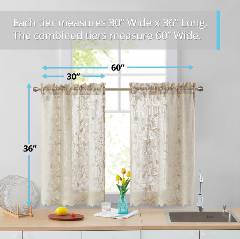 THD Jayce Lace Sheer Kitchen Cafe Curtain Tiers for Small Windows, Kitchen & Bathroom - 30 W x 36 L Inch (Pair)