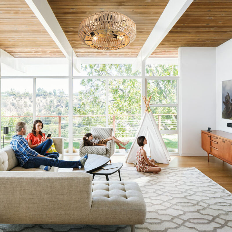 22 Inch Boho Caged Ceiling Fan With Enclosed Rattan 6 Speeds Remote Control Reversible DC Motor image number 6