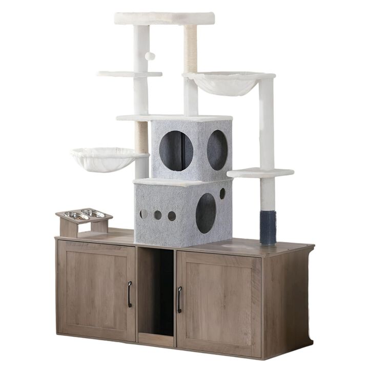 Multi-Level Cat Tree with Dual Litter Box Storage and Play Platforms-Greige