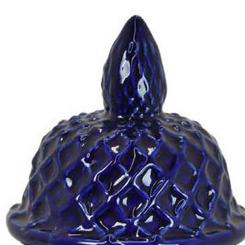 Livie 14 Inch Temple Ginger Jar, Geometric Design, Dome Lid, Ceramic, Blue - Benzara