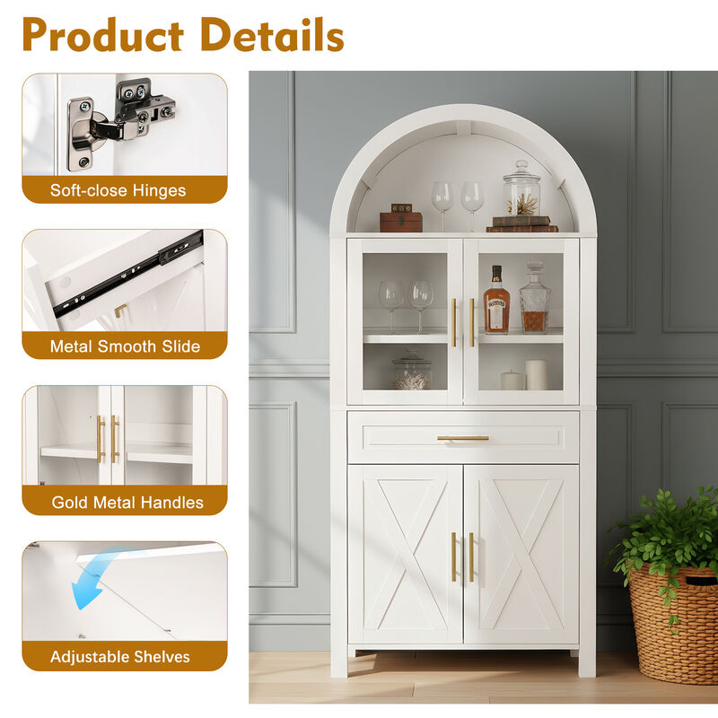Merax Farmhouse Arched Glass Barn Door Pantry Cabinet - Adjustable Shelves & Built-In Racks image number 5