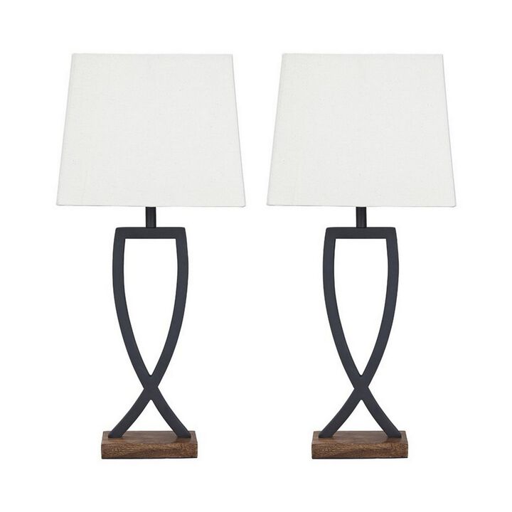 Criss Cross Metal Table Lamp with Fabric Shade, Set of 2, Gray and White - Benzara