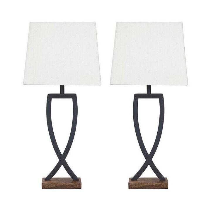 Criss Cross Metal Table Lamp with Fabric Shade, Set of 2, Gray and White-Benzara