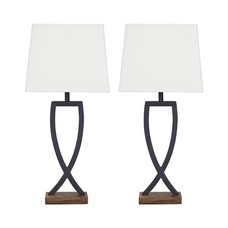 Criss Cross Metal Table Lamp with Fabric Shade, Set of 2, Gray and White-Benzara