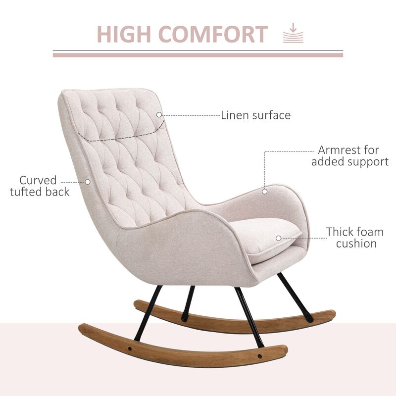 Mid-Century Fabric Rocking Chair Sofa Armchair Tufted Rocker Wingback Accent Chair with Rubber Wood Base for Home Studio, Cream White