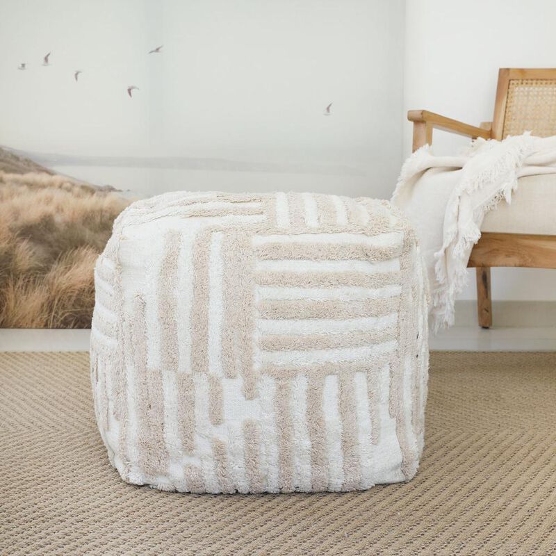 Hivvago 18 Inch Beige Cotton Cube Striped Pouf Ottoman