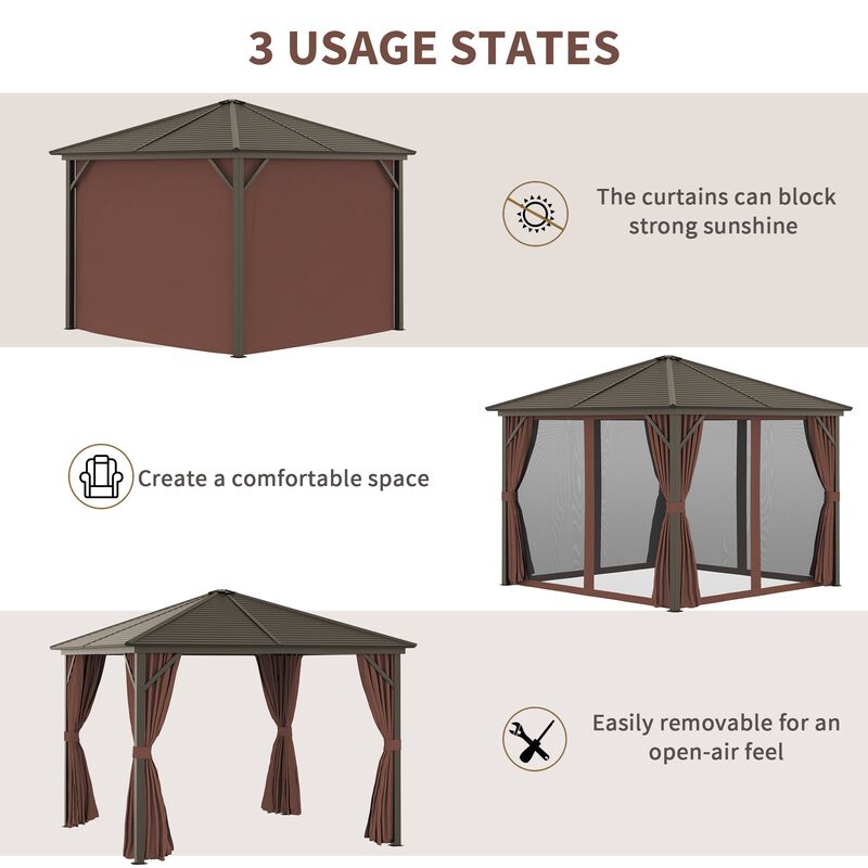 10x10 Hardtop Gazebo with Aluminum Frame, Permanent Metal Roof Gazebo Canopy with Curtains and Netting for Backyard, Dark Brown