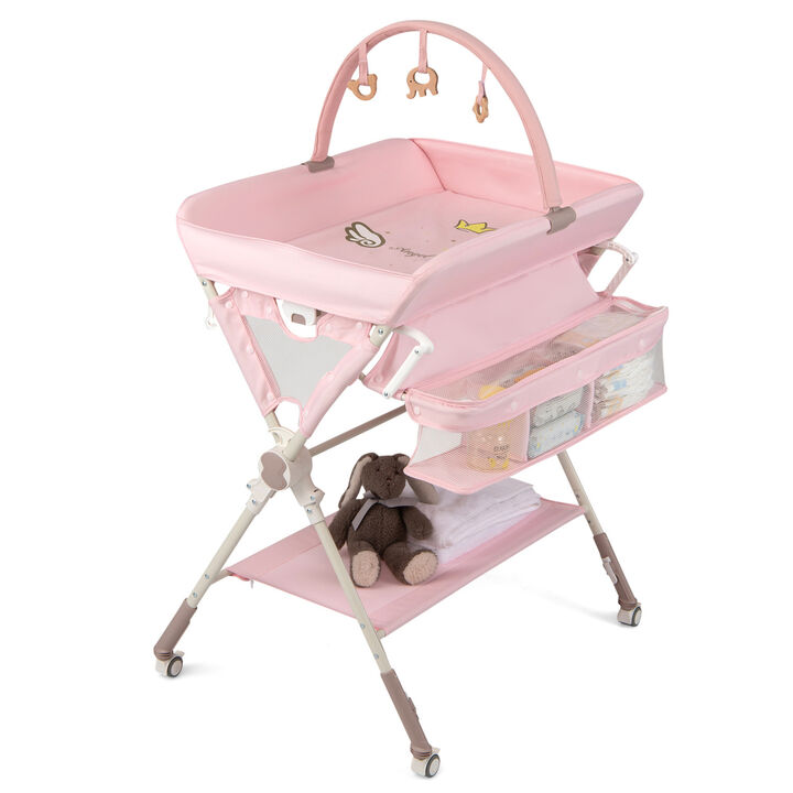Foldable Diaper Changing Station with Shelf and Storage Bag for Baby Nursery