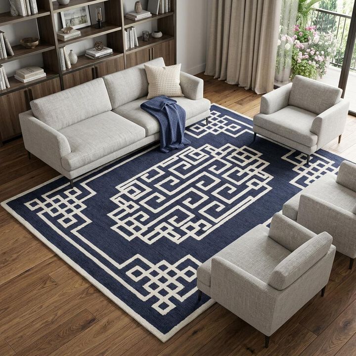 HomeRoots 8' X 10' Navy Blue And Ivory Wool Geometric Hand Tufted Area Rug